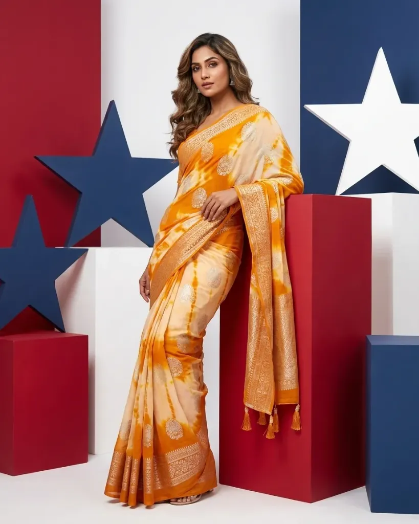 semi-silk saree with zari weaving and tie-dye pattern