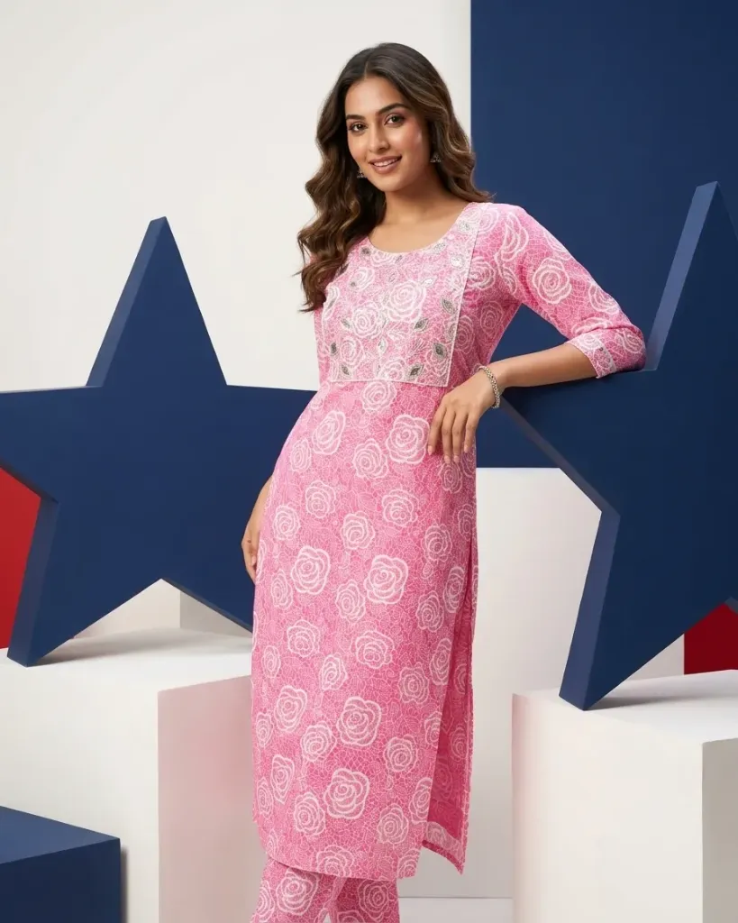 Pink Floral Embroidered Kurta Set