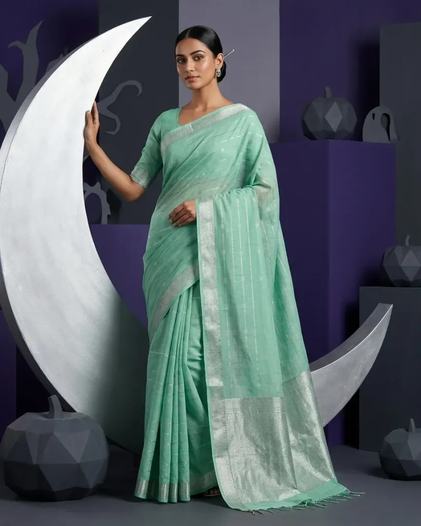 Mint Green Katha Butta Silver Stripe Saree
