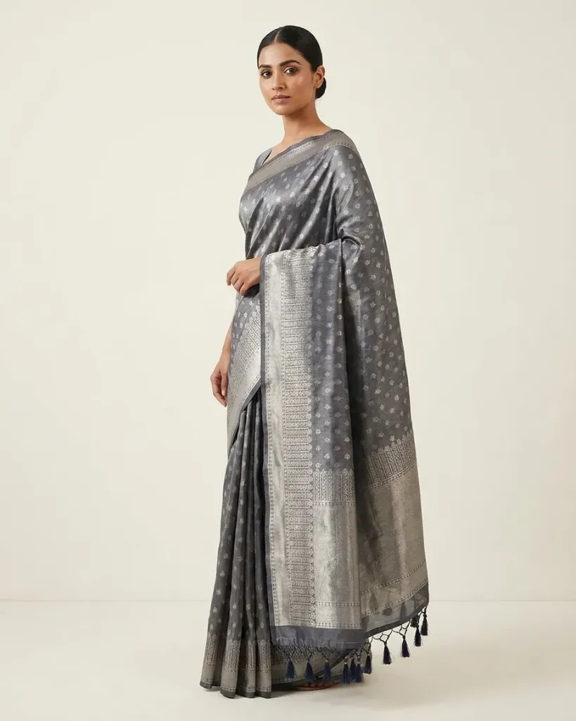 Charcoal Grey Silver Butta Zari Saree with Tassels