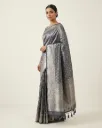Charcoal Grey Silver Butta Zari Saree with Tassels