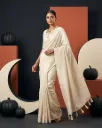 Ivory White Silver Butta Zari Saree with Tassels