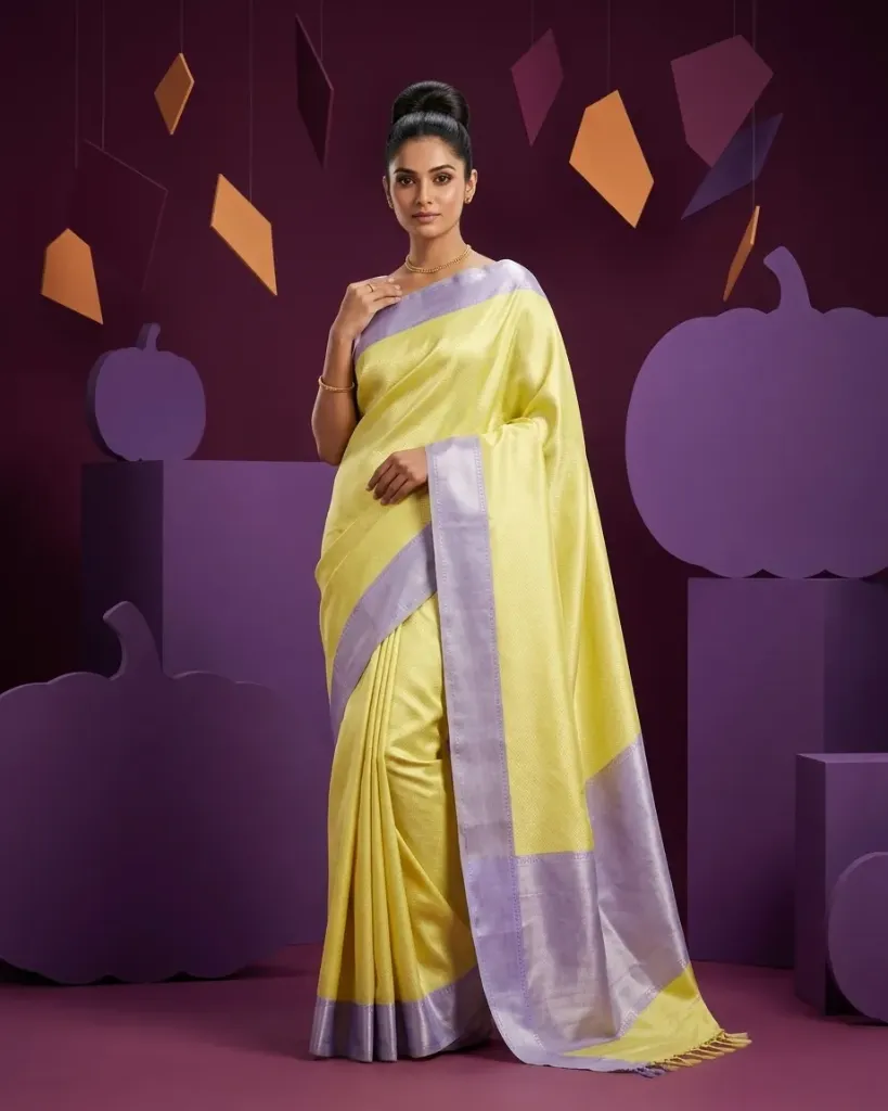 Pastel Yellow Silver Border Saree