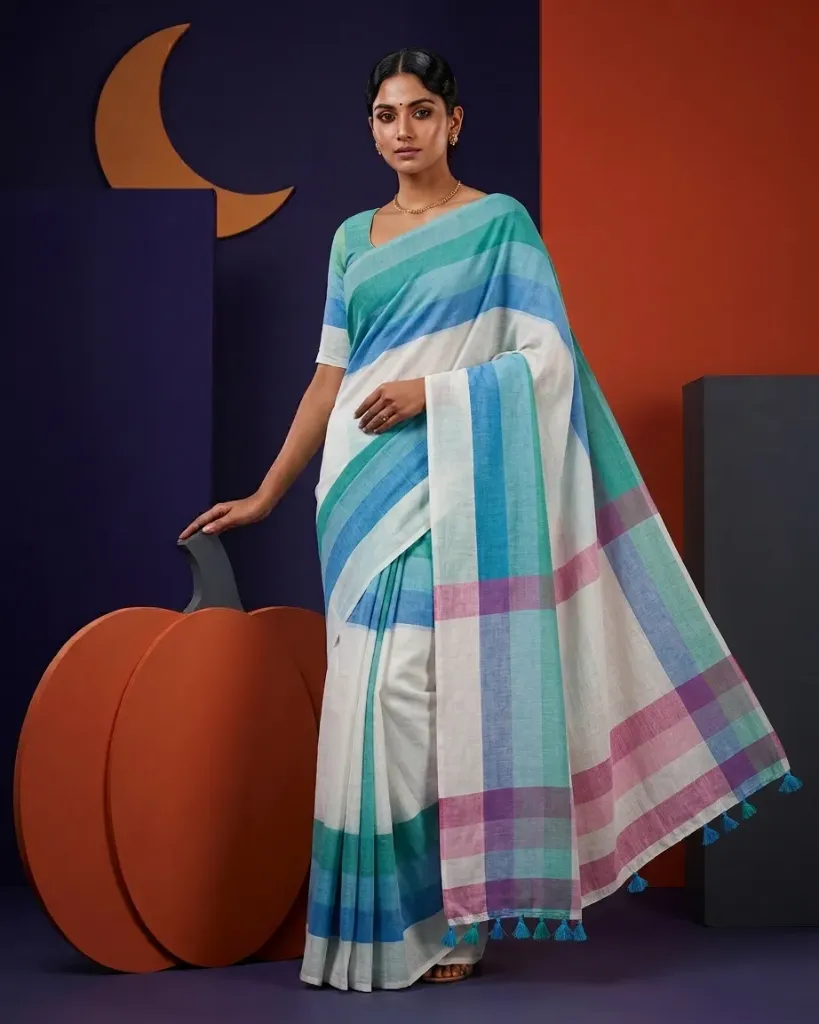 Sky Blue & White Color Block Cotton Saree with Tassels