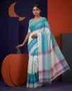 Sky Blue & White Color Block Cotton Saree with Tassels