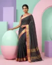 Classic Black Cotton Saree with Magenta & Gold Zari Border